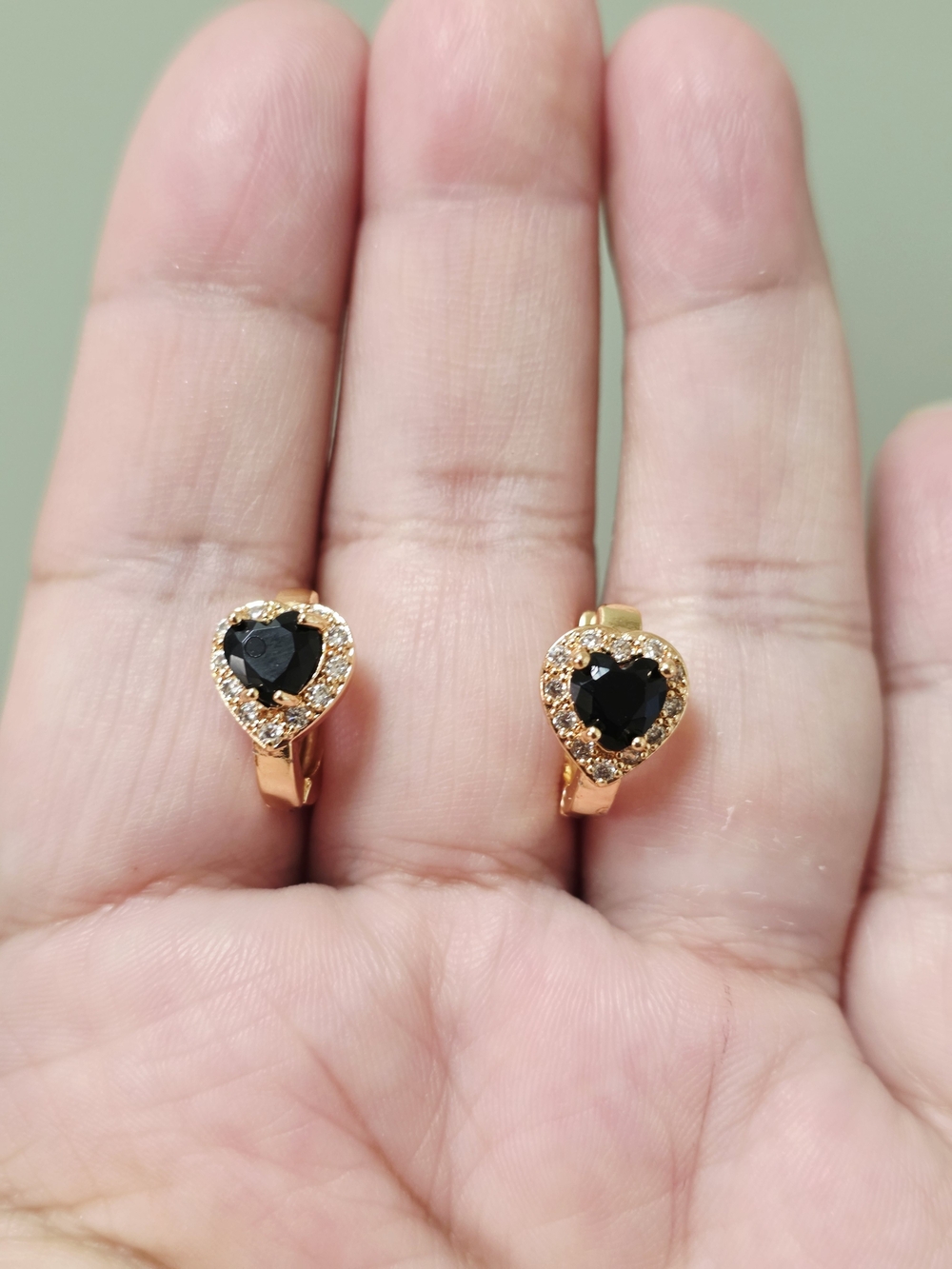 18k Gold Plated Heart Hoop Earrings with Black Stone